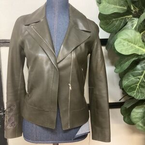 Massimo Dutti leather jacket Dark Green With Embroidered Flowers Size XS
